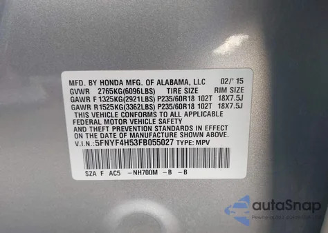 2015 Honda Pilot Ex-L z USA, uszkodzony, nr VIN 5FNYF4H53FB055027